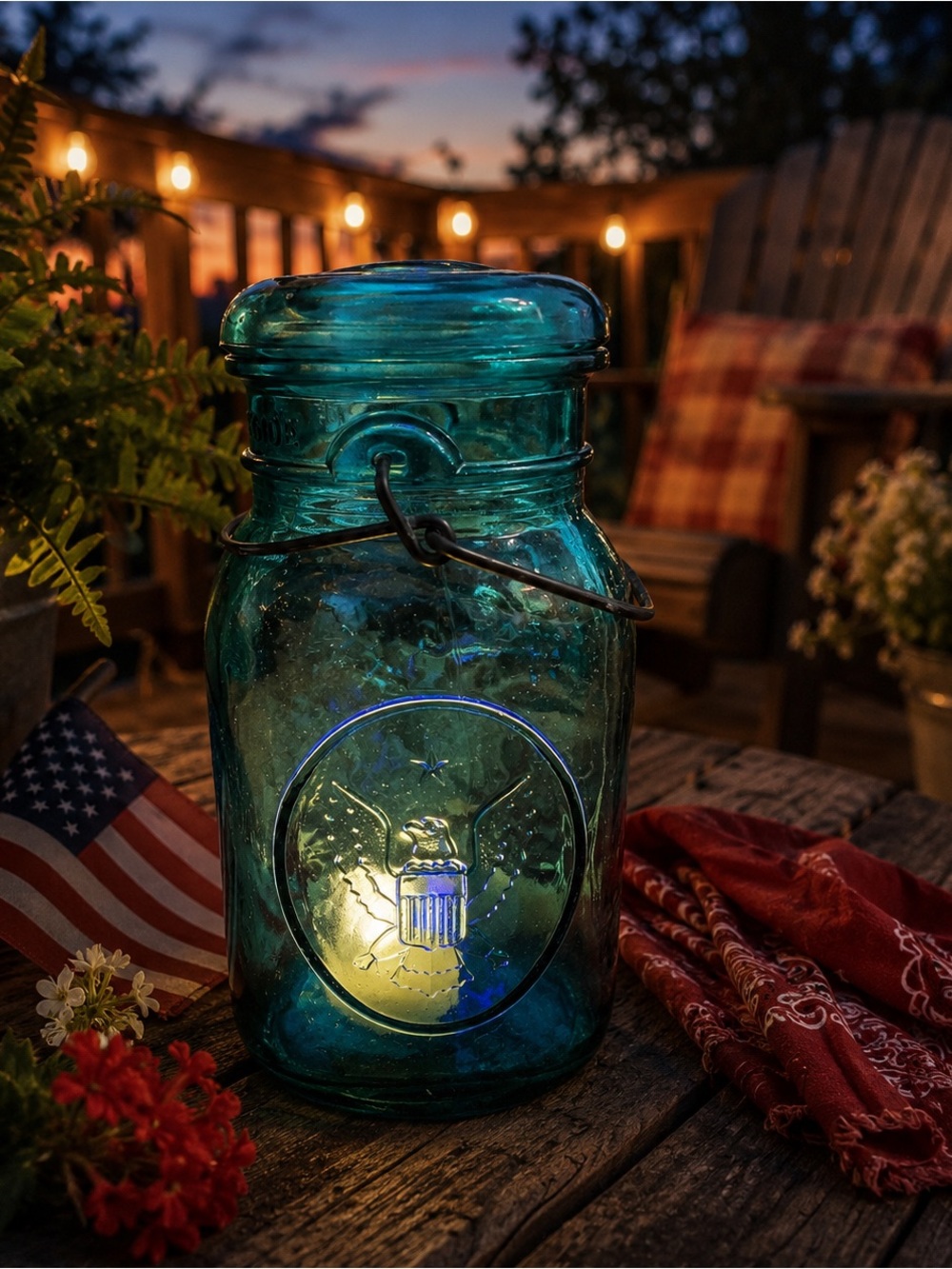 Vintage Teal Ball Mason Jar Fairy Lamp | Americana Eagle Glass Lantern